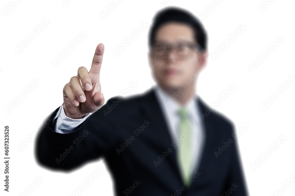 Businessman pushing a transparent screen with transparent background png