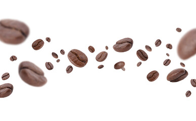 Flying whirl roasted coffee beans in the air studio shot with transparent background png