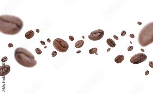 Flying whirl roasted coffee beans in the air studio shot with transparent background png