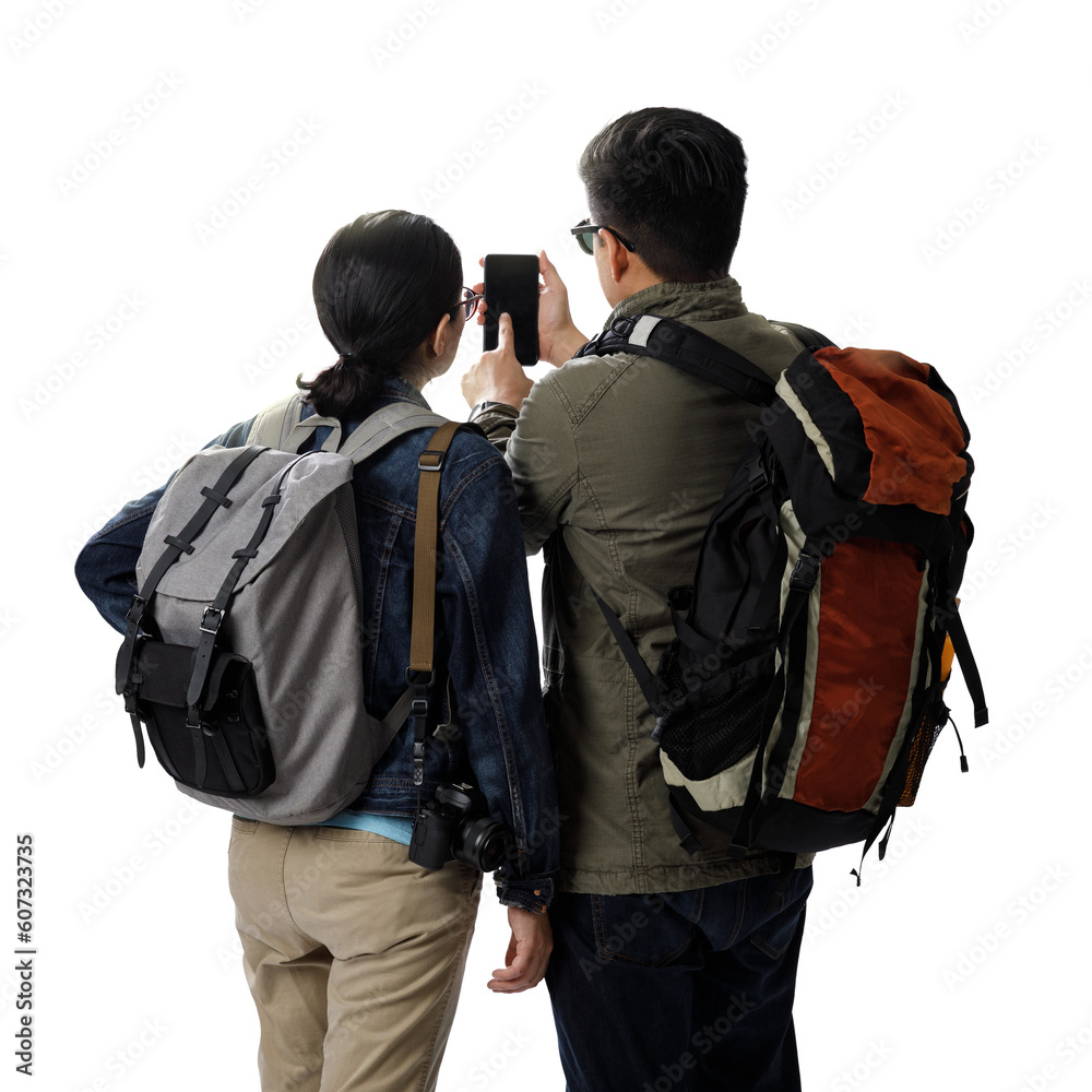 Young traveler man and girl with the backpack using smartphone