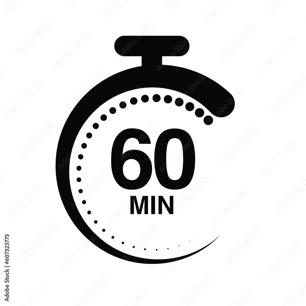 60 minutes timer stopwatch vector illustration isolated on white background. 60 minutes timer stopwatch vector illustration isolated on white background.