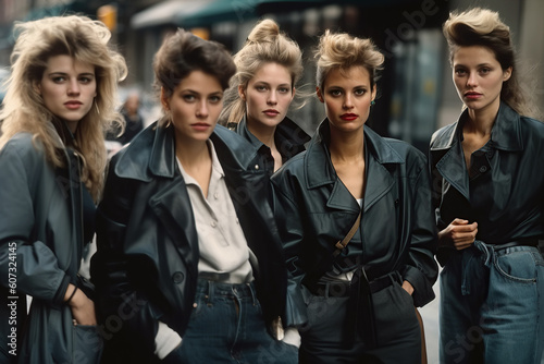 group of female models in fashionable clothes in retro style of the 1990s on city street. Vintage fashion. Generative AI