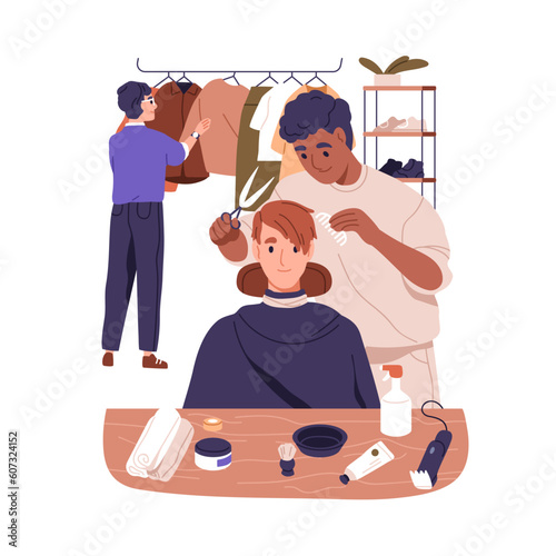 Hairdresser styling hair, making hairdo, fashion stylist choosing clothes, outfit. Hairstylist and image-maker work under man makeover. Flat graphic vector illustration isolated on white background