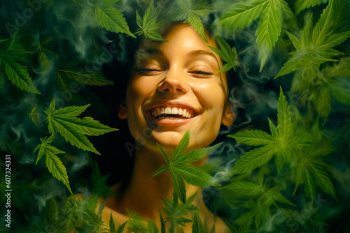 Relaxed woman among cannabis leaves and smoke.AI generated.