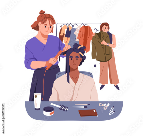 Makeover in beauty salon. Woman client, hairdresser, fashion stylist. Hairstylist making hair style, changing clothes. Transformation process. Flat vector illustration isolated on white background