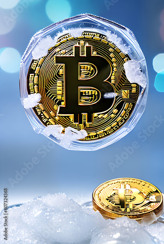 Cryptocurrency inside ice with hightec background. photo