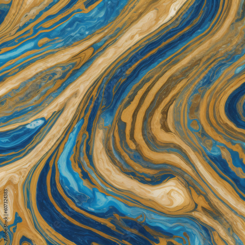 A close up of a painting of blue and gold. Background mottled marble.
