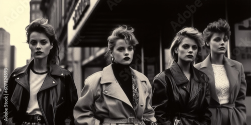 group of fashionable girls models in stylish clothes and hairstyles in retro style of 1980s on city street. Vintage fashion. Generative AI