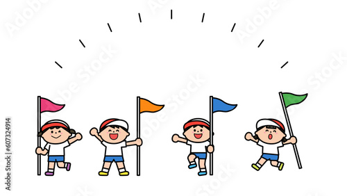 運動会　旗を持つ子どもたち.