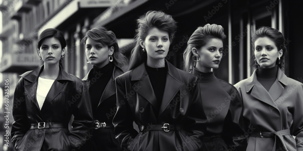 Obraz premium stylish female models pose in fashionable clothes on city street. Vintage retro fashion of 1980s. Generative AI