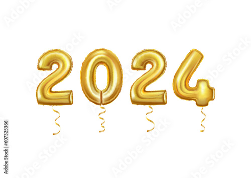 Happy new year 2024, realistic golden foil number balloons with serpentine.