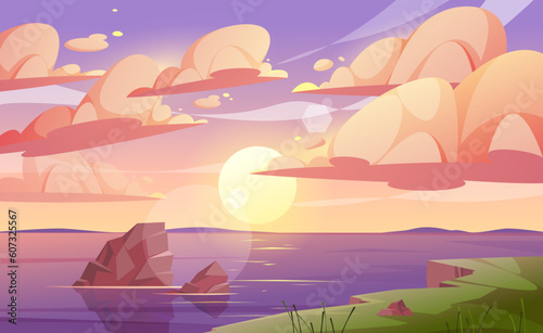 Sunset or sunrise in ocean  nature landscape background  cartoon vector illustration. Pink clouds flying in sky to shining sun above sea with rocks sticking. Evening or morning backdrop water surface