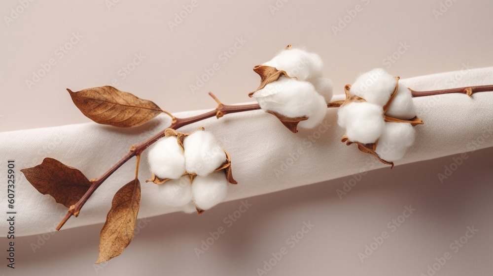 Cotton branch on beige background top view Generative AI Cotton branch on beige background top view Generative AI