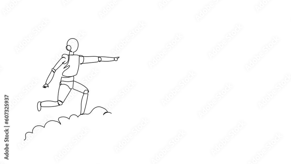 Animated self drawing of continuous line draw robot riding cloud on sky, pointing forward, go future innovation. Robotic artificial intelligence. Electronic technology. Full length one line animation Animated self drawing of continuous line draw robot riding cloud on sky, pointing forward, go future innovation. Robotic artificial intelligence. Electronic technology. Full length one line animation