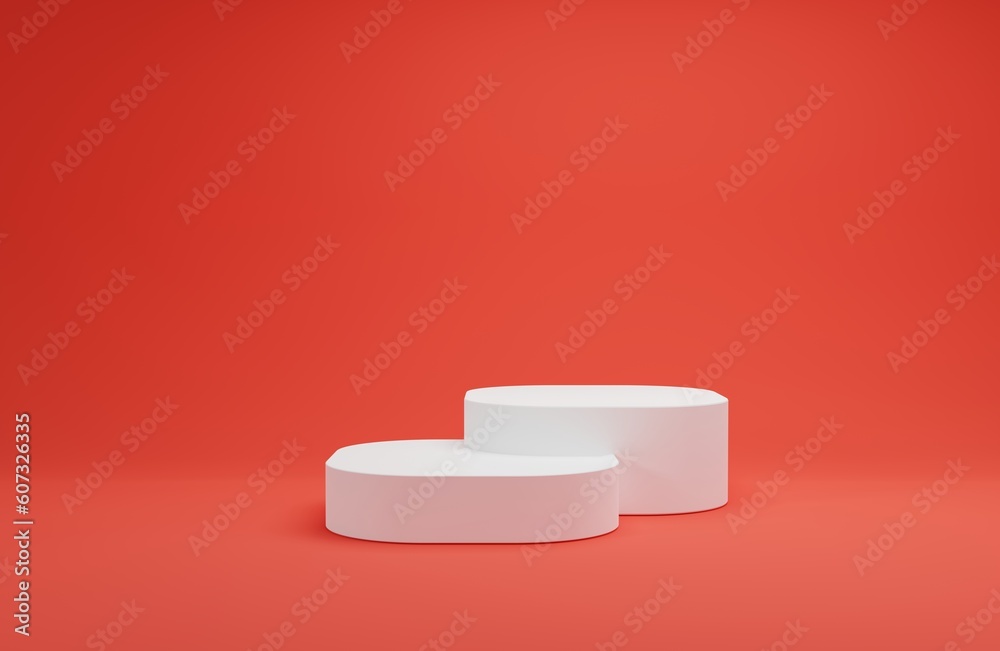 White empty podium or pedestal for product presentation on two floors, showcase of beauty and cosmetics product. White mockup platform on red background. 3d rendering White empty podium or pedestal for product presentation on two floors, showcase of beauty and cosmetics product. White mockup platform on red background. 3d rendering