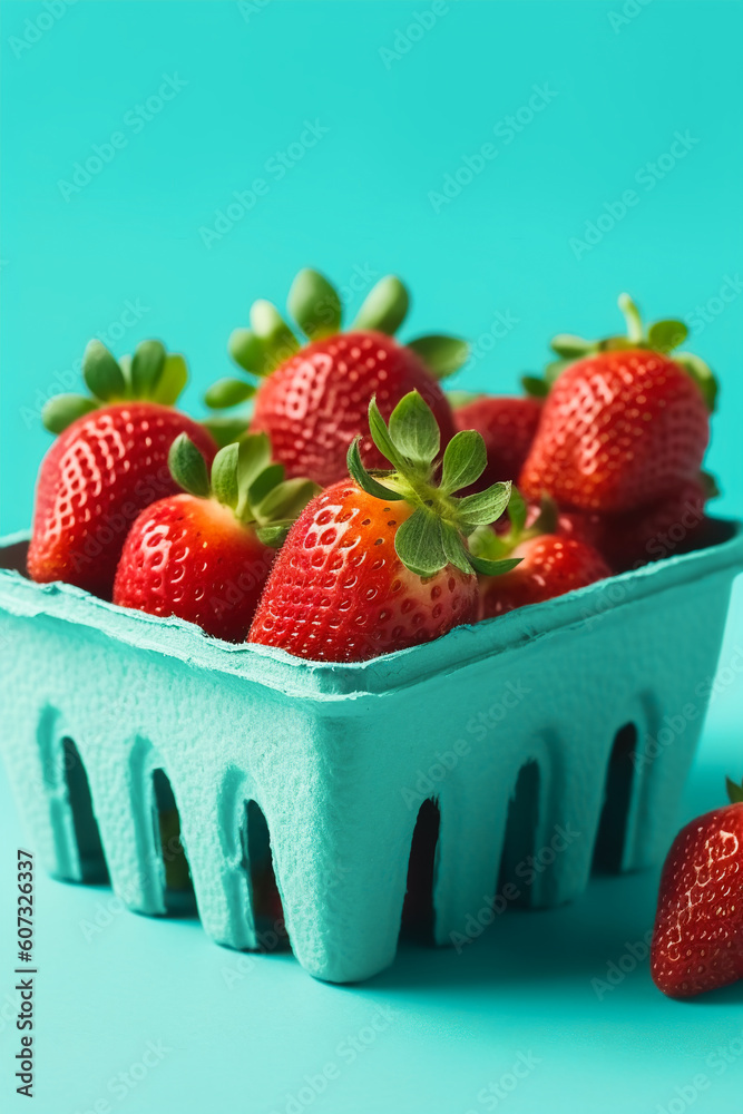 Ripe juicy fresh strawberries in a blue carton on turquoise background ...