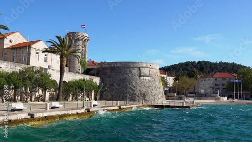 View of Tower Velika Knezeva Kula (Large Governor's Tower) at Korcula city on a windy day.