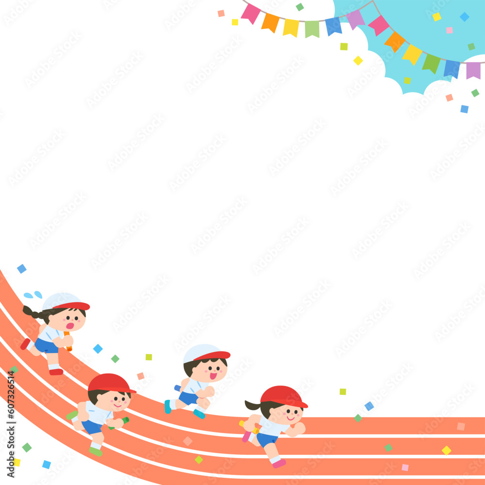 Obraz premium イラストフレーム 運動会 トラックを走る子どもたち.