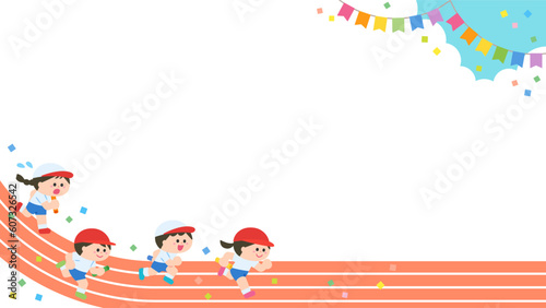 イラストフレーム　運動会　トラックを走る子どもたち.