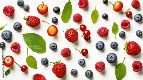 Pattern from fresh juicy berries strawberries, raspberries, sweet cherries, blueberries, currants. Summer produce vitamins concept