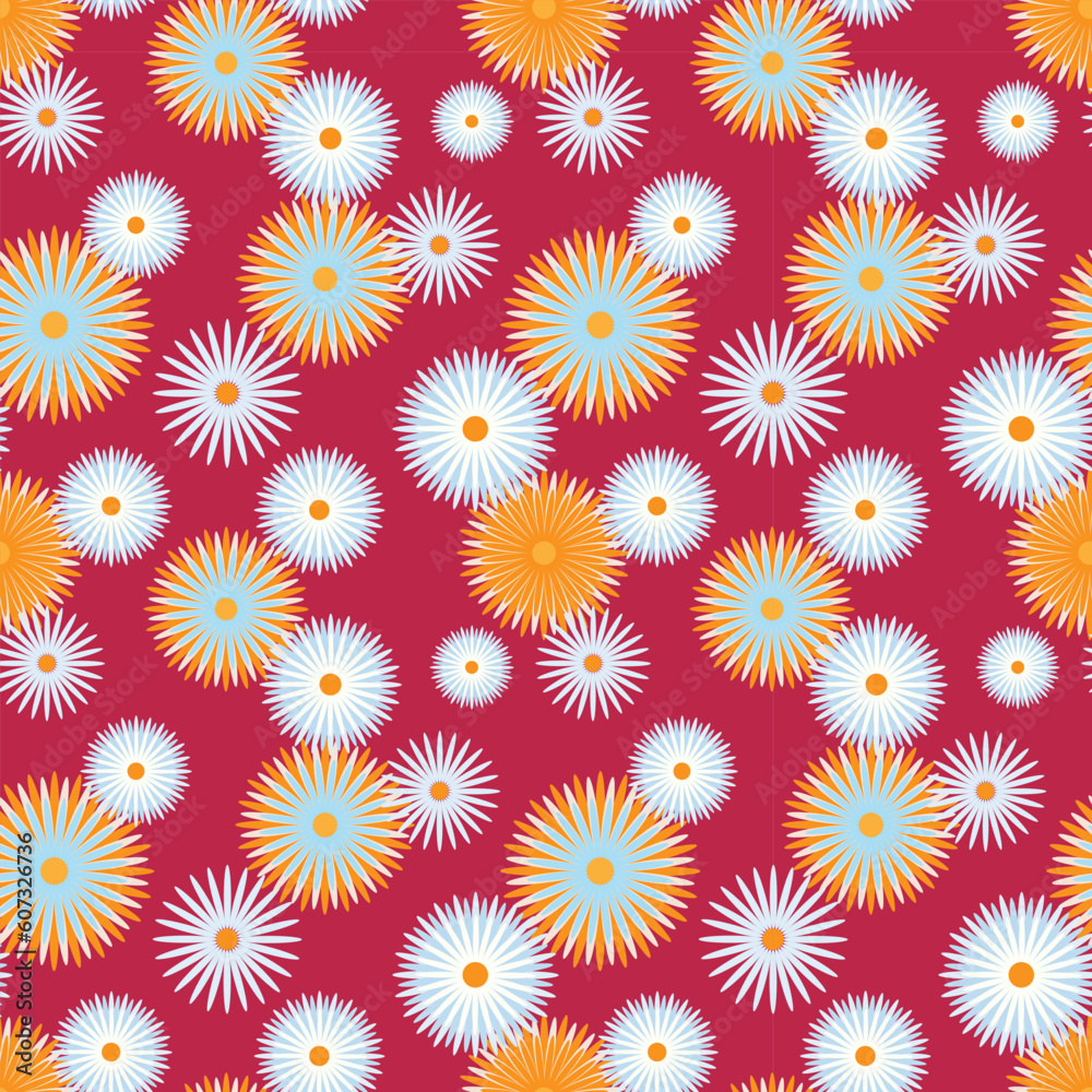 Pattern Chamomile and calendula marigold Viva Magenta background . Vector illustration