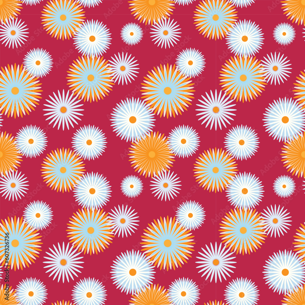 Pattern Chamomile and calendula marigold Viva Magenta background . Vector illustration Pattern Chamomile and calendula marigold Viva Magenta background . Vector illustration