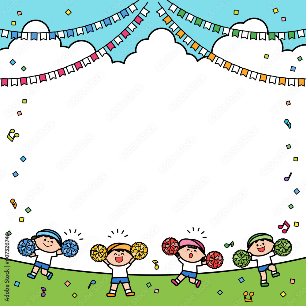 Obraz premium イラストフレーム 運動会 ポンポンを持って踊る子どもたち.