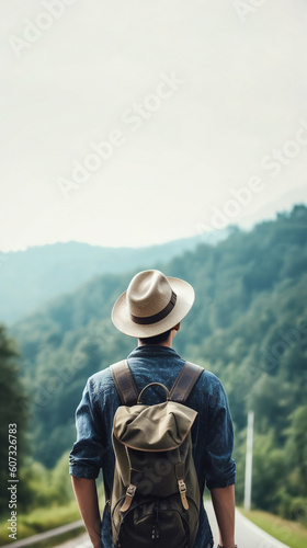 Young man in hat with backpack with his back to the camera standing on an empty open road looking at mountains green valley. Freedom wanderlust adventure traveling concept
