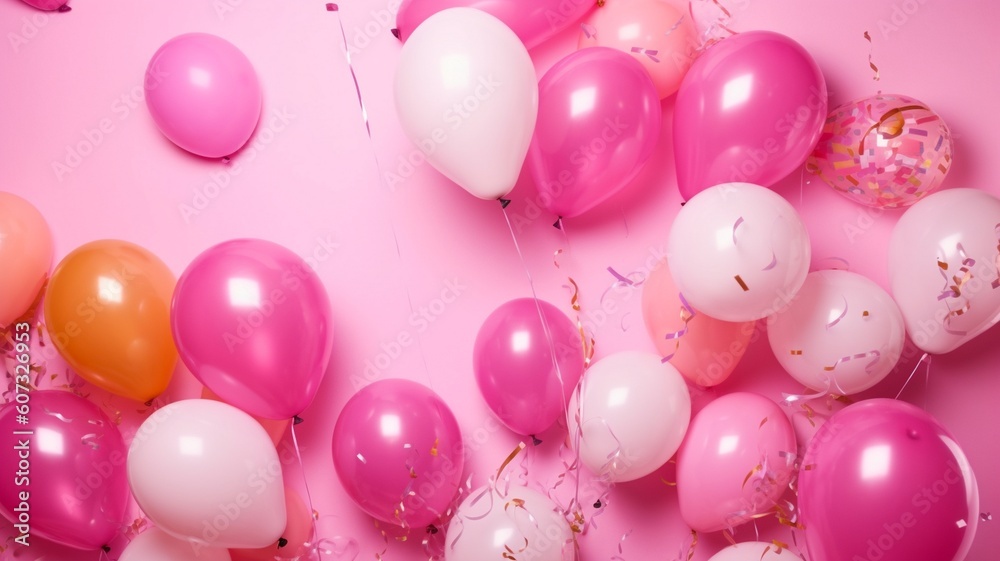 Balloons on pink background with free space for text Generative AI
