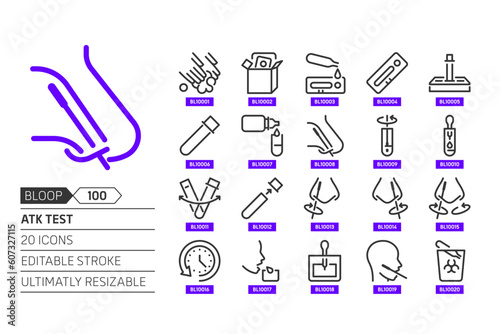 Atk test related, pixel perfect, editable stroke, up scalable, line, vector bloop icon set.
