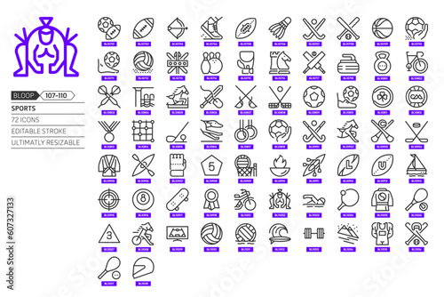 Tela Sports related, pixel perfect, editable stroke, up scalable, line, vector bloop icon set