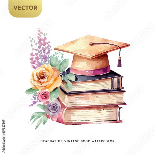 Vintage book with graudation hat and beautiful flowers isolated on white background, Graudation watercolor design vector illustration photo