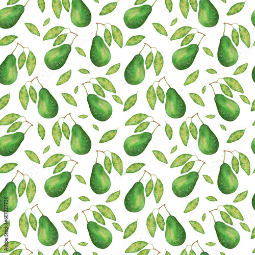 Fruity seamless pattern of avocado and leaves. Texture for eco and healthy food for printing on fabric, paper. Watercolor and marker illustration.