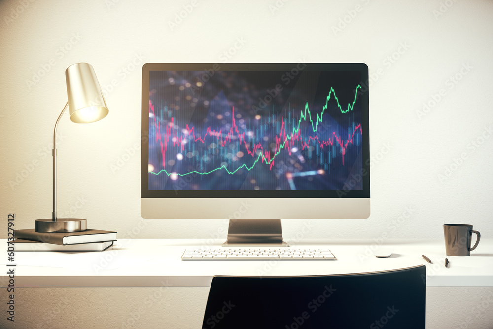 Abstract creative financial graph on modern laptop screen, forex and investment concept. 3D Rendering Abstract creative financial graph on modern laptop screen, forex and investment concept. 3D Rendering