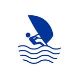 Logo club de windsurf. Silueta de windsurfista en tabla de windsurf con olas de mar