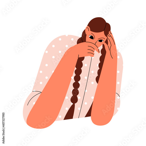 Thoughtful pensive woman. Girl thinking, pondering, worrying about problem. Reflective uncertain anxious person in trouble, considering, doubting. Flat vector illustration isolated on white background