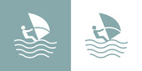 Logo club de windsurf. Silueta de windsurfista en tabla de windsurf con olas de mar	