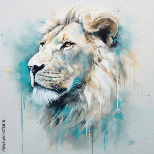 Artistic portrait of a white lion, abstract oil painting. Generative AI.