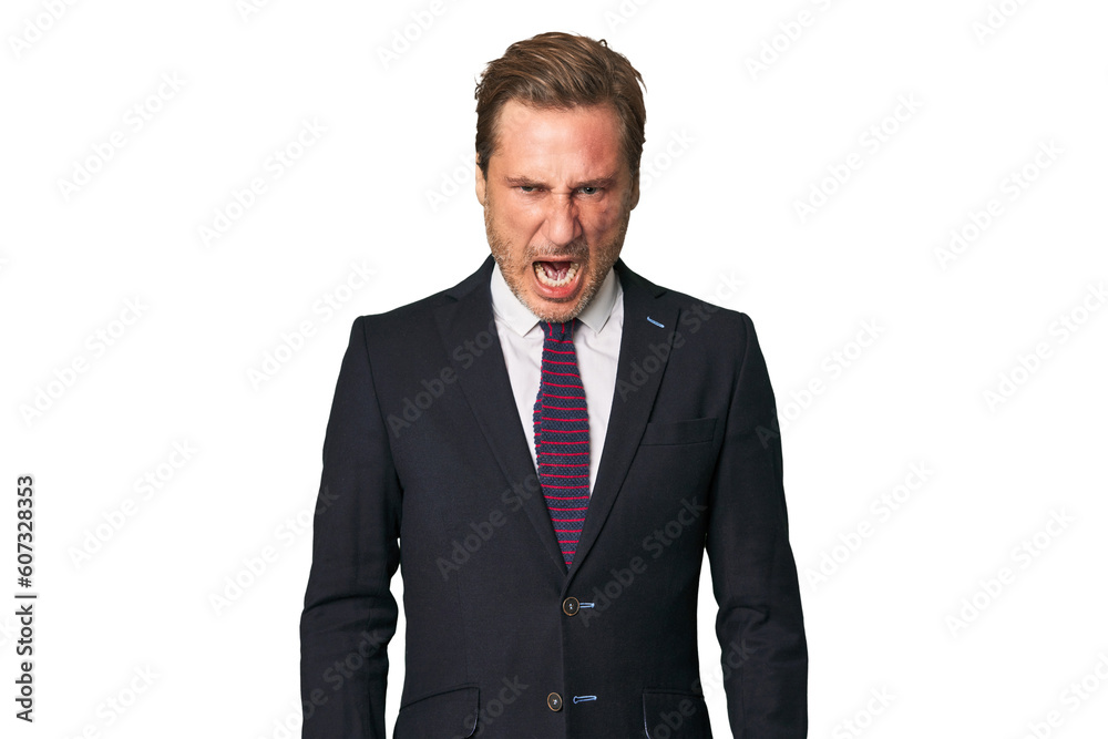A middle-aged businessman isolated screaming very angry and aggressive.