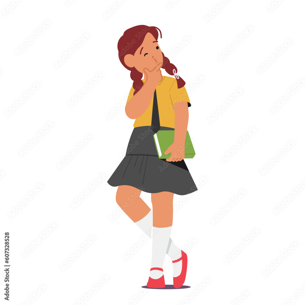 Pensive Student Child Character. School Girl In A Thoughtful Pose, Her Hand On Her Chin, Deep In Contemplation Pensive Student Child Character. School Girl In A Thoughtful Pose, Her Hand On Her Chin, Deep In Contemplation