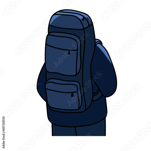 Backpacker at night, back rear view. Tourist with big huge bag, backpack, luggage from backside. Stranger with baggage during relocation. Flat vector illustration isolated on white background