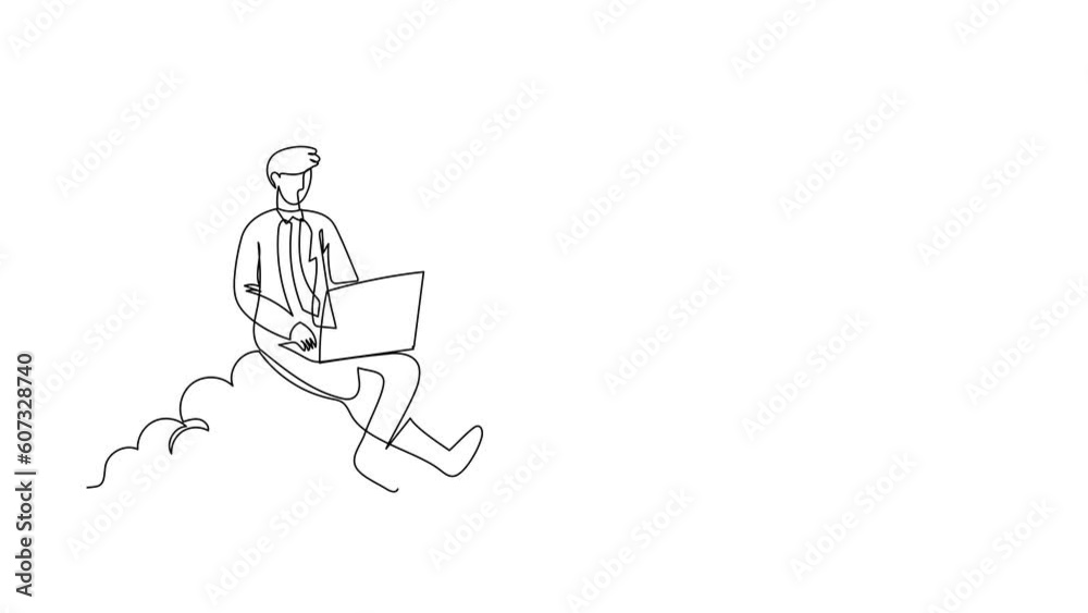 Animated self drawing of continuous line draw businessman sitting on cloud in sky and working with laptop. Wireless connection. Social networking using cloud storage. Full length one line animation