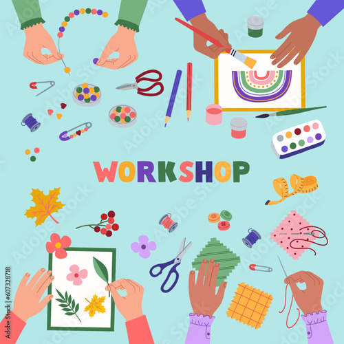 Creative workshop for children. Top view of the table with kids hands doing handmade craft work. Herbarium, beading, sewing, drawing. Hand drawn vector illustration, flat cartoon style.
