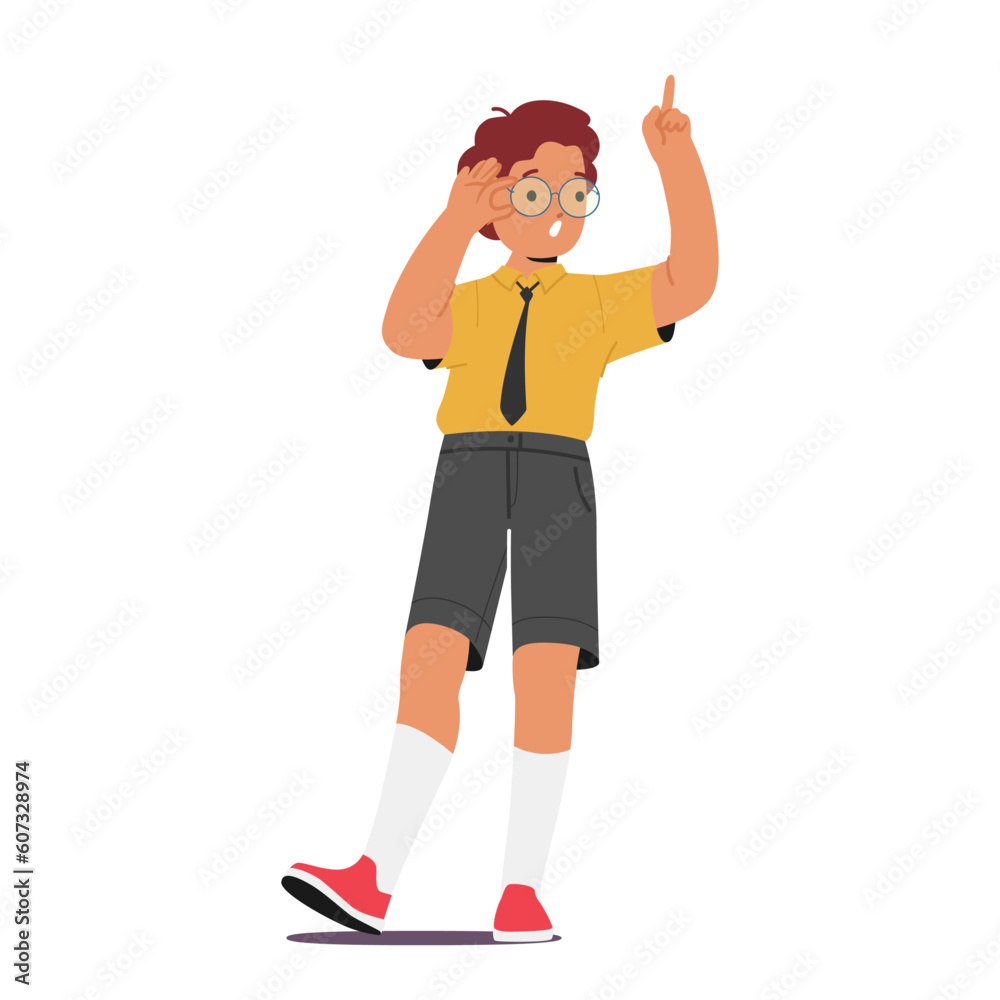 Smart School Boy With Glasses Confidently Points With His Finger, Showcasing His Intelligence And Curiosity Smart School Boy With Glasses Confidently Points With His Finger, Showcasing His Intelligence And Curiosity