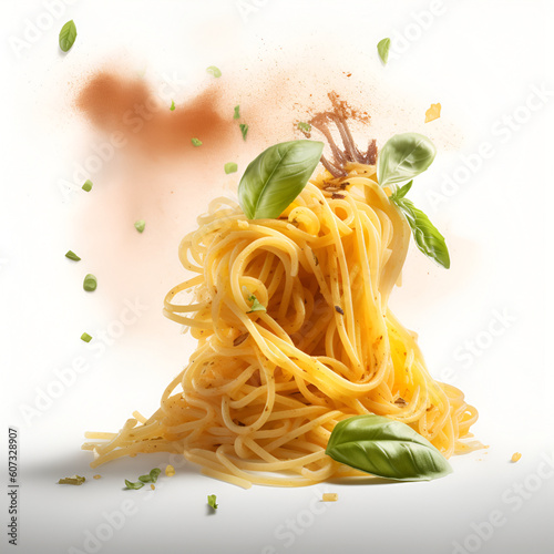 Large delicious juicy smoky pasta separated on ingredients floating in air white background