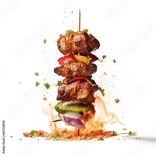 Large delicious juicy smoky kebab separated on ingredients floating in air white background