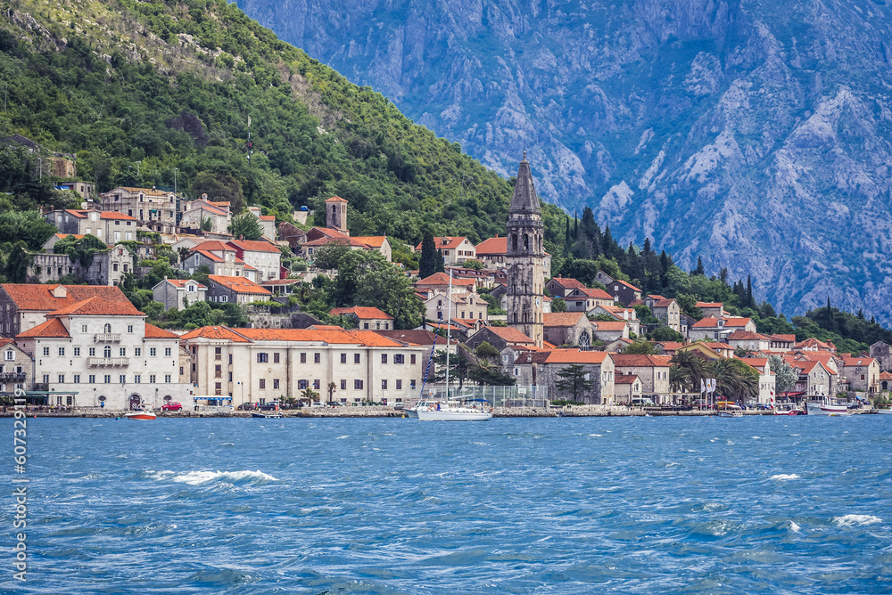 View on Perast historical town in Kotor Bay on Adriatic Sea, Montenegro