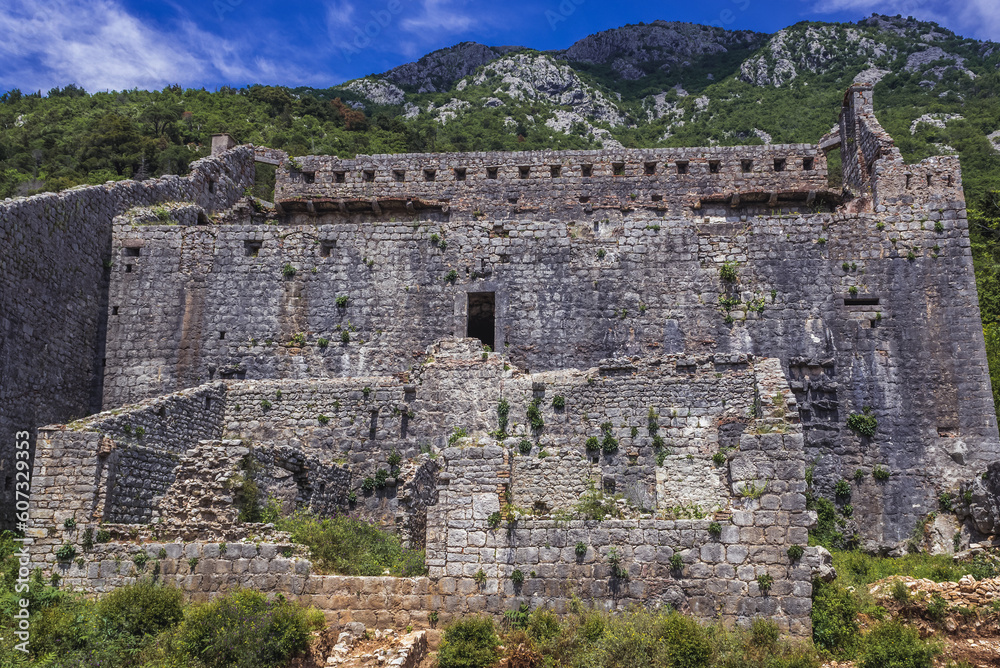 Historic Saint Cross Fortress in Perast historical town in Kotor Bay on Adriatic Sea, Montenegro