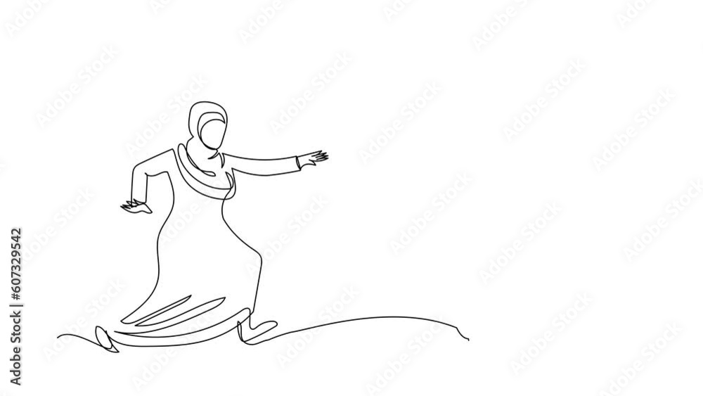 Animated self drawing of continuous line draw Arab businesswoman chasing textbook. Education and learning program for student. Literature, dictionaries, encyclopedia. Full length one line animation