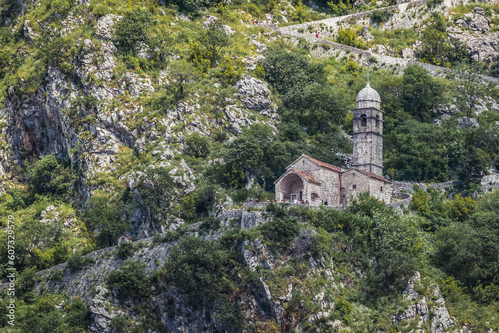 Church of Our Lady of Remedy and ancient fortress on St John mountain, Kotor city, Montenegro